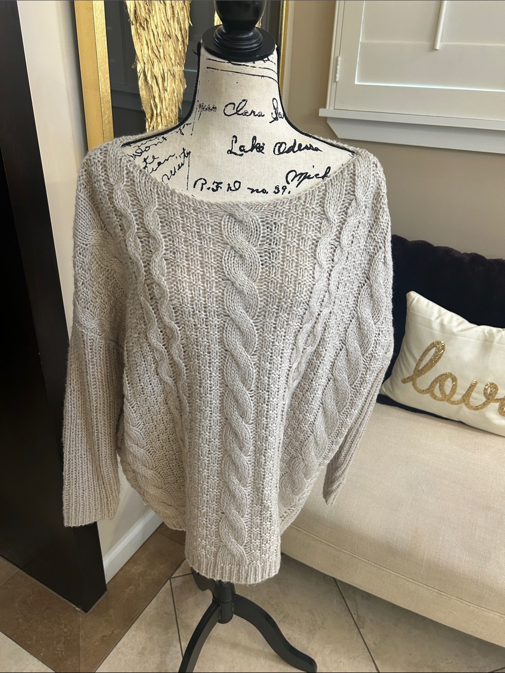 Pink Lily Taupe Cable Knit Boat Neck Sweater